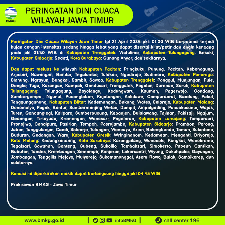 infoBMKG's tweet photo. Update Peringatan Dini Cuaca Wilayah - Jawa Timur Tgl. 21 April 2026 pkl. 01:30 WIB
Prakirawan - BMKG - Jawa Timur
https://t.co/yZjChYnx4C https://t.co/1ZZHh2Yzz0