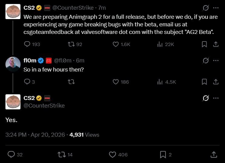gabefollower's tweet photo. CS2 developers confirmed that they will release AnimGraph2 update out of beta in a few hours 👀 https://t.co/xd1G9vZqh0