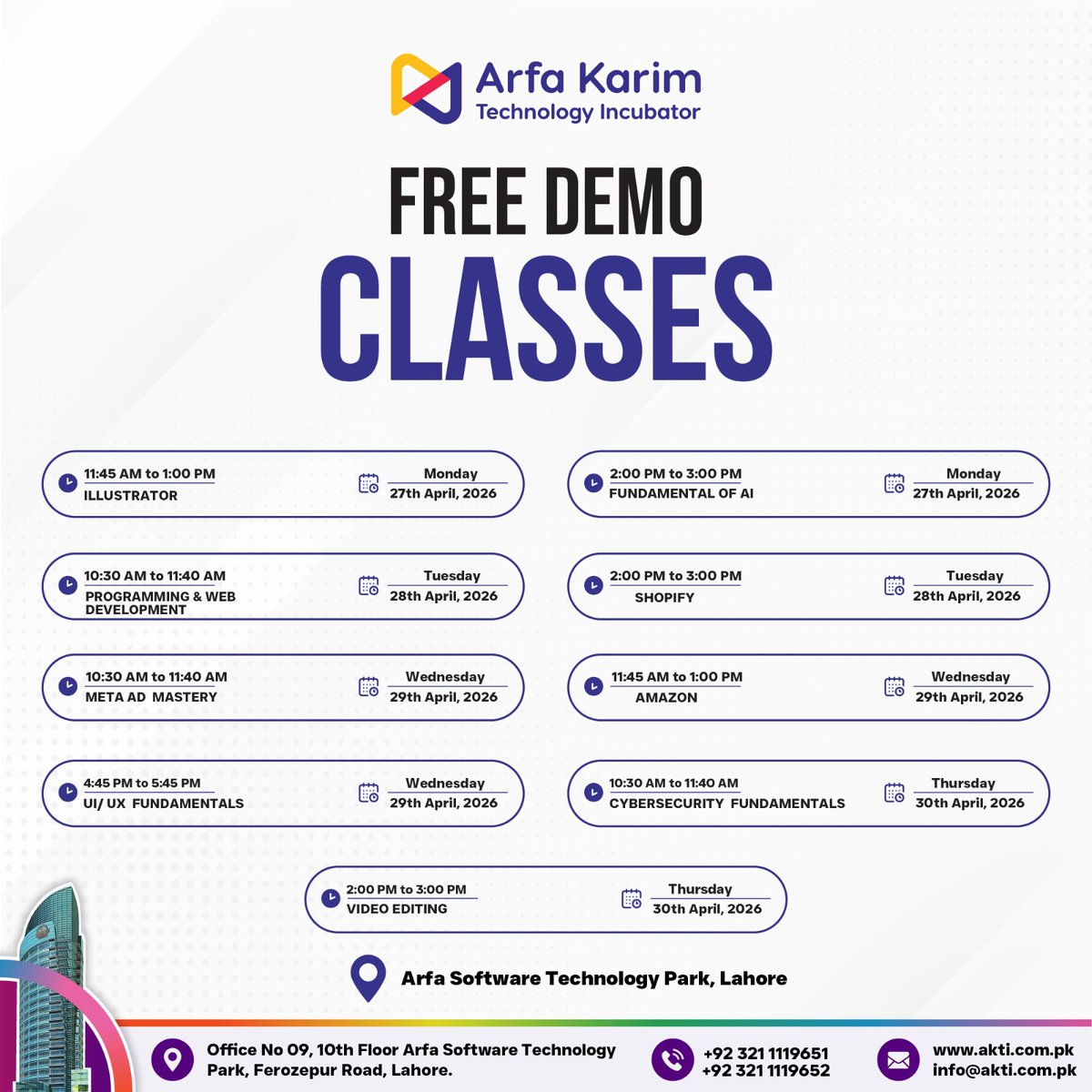 ArfaKarim_Tech's tweet image. Join the AKTI Demo Classes! 🚀

Get a front-row seat to expert tech training at the Arfa Software Technology Park. Experience our programs firsthand from April 27 – 30.

Register here: forms.gle/YxajzxVH6HPbJA…

#AKTI #ArfaKarimFoundation #TechSkills #Lahore #Innovation