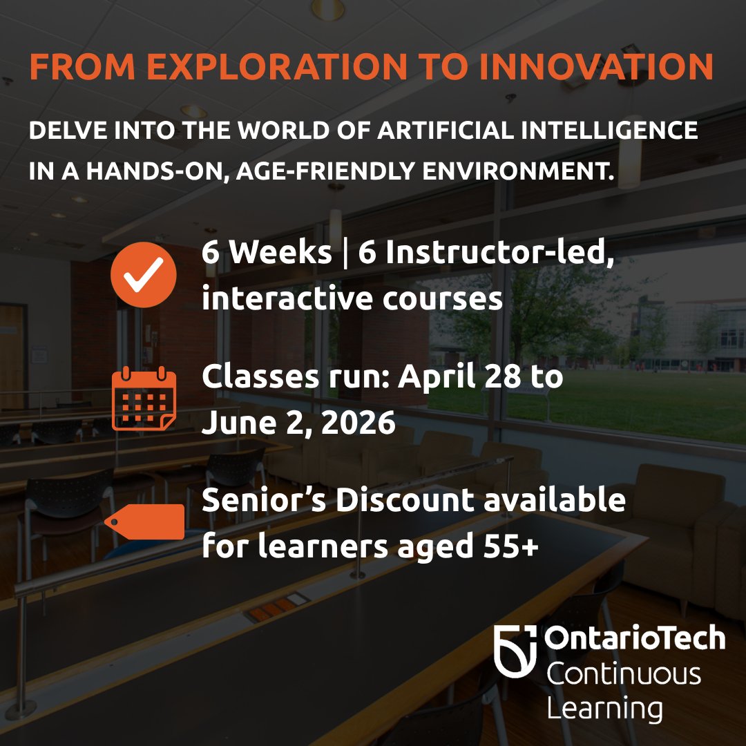 OT_Learn's tweet image. Ready to embrace AI with ease? 🤖 Join our 6-week, age-friendly program at Ontario Tech!

🗓️ Starts April 28
💰 Senior’s discount (55+)

Register now: vist.ly/4z5q3

#OntarioTech #LifelongLearning #AI #DigitalLiteracy