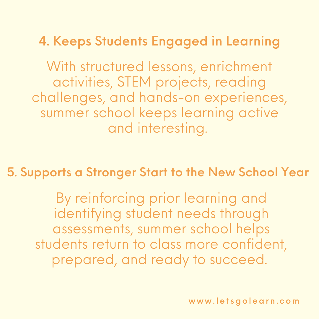letsgolearn's tweet image. ☀️ Summer school helps students stay sharp, close learning gaps, and build confidence for the school year ahead 📚✨ Swipe through to see 6 key benefits of summer school 🍎➡️
Learn more: hubs.la/Q04cNGLH0
#SummerSchool #K12Education  #LearningRecovery #PersonalizedLearning