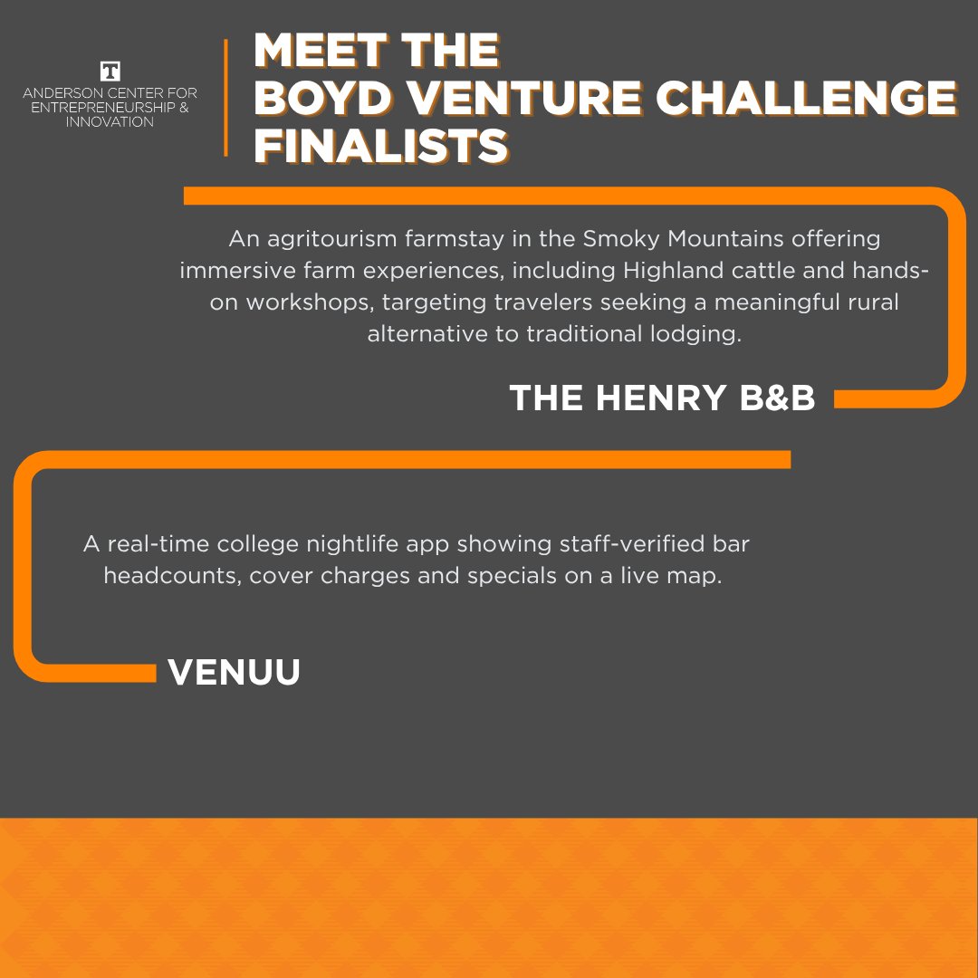 AndersonCEI's tweet photo. 💡 Swipe through to learn more about the Boyd Venture Challenge Finalists! https://t.co/CqzAMUcb1r