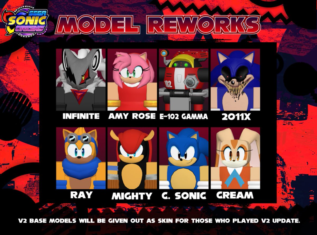 ssoriginsRBX's tweet image. Segasonic Origins - Small Little Devlog recap. for those that are not in the discord server!!

Let's begin! 🧵🦔

Close Look into some of the V3 model revamps.
- Infinite
- Amy Rose
- E-102 Gamma
- Ray
- Mighty
- Cream
- 2011X.

#SegasonicOrigins #sonicthedgehog #roblox