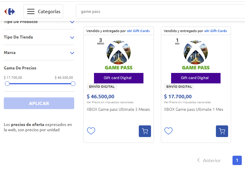 Argentina | Xbox Game Pass en Oh! Gift Card

➡️Carrefour
⚠️20% de descuento pagando con Mercado Pago - Dinero en cuenta (Tope $15.000 de reintegro)
➡️carrefour.com.ar/game%20pass?_q…
