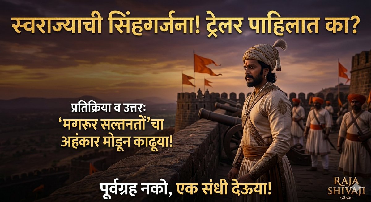 राजा शिवाजी' चित्रपटातील ही सिंहगर्जना अंगावर काटा आणते! 🚩🦁
महाराजांची भूमिका पेलण्यासाठी <a href="/Riteishd/">Riteish Deshmukh</a> सज्ज आहेत. चला, 'मगरूर सल्तनतों'चा अहंकार मोडून काढूया!
ट्रेलर अजून पाहिला नसेल तर नक्की पहा! 👇
youtu.be/Bgy00eaFyhE
#RajaShivaji #RiteishDeshmukh