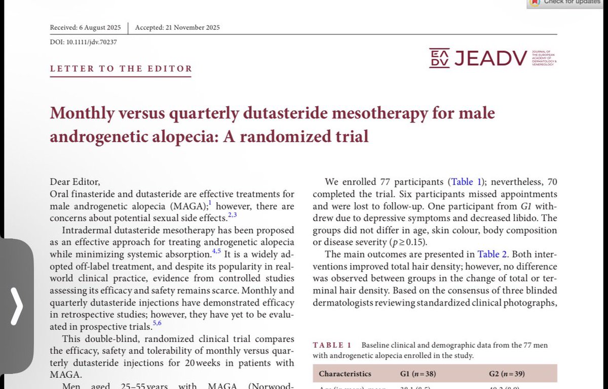grep_now's tweet image. The paper: Monthly versus quarterly dutasteride mesotherapy for male
androgenetic alopecia: A randomized trial

DOI: 10.1111/jdv.70237

#biotech #hairloss #alopecia #pharma #dermatology #science #biohacker