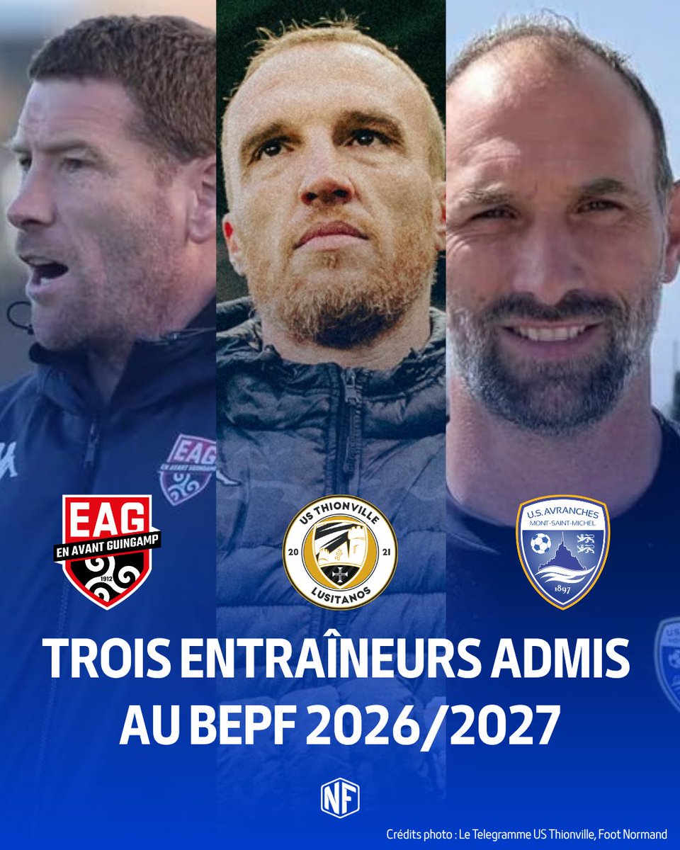 nationalfoot_'s tweet photo. 📝 𝗧𝗥𝗢𝗜𝗦 𝗘𝗡𝗧𝗥𝗔𝗜̂𝗡𝗘𝗨𝗥𝗦 𝗔𝗗𝗠𝗜𝗦 𝗗𝗔𝗡𝗦 𝗟𝗔 𝗣𝗥𝗢𝗠𝗢𝗧𝗜𝗢𝗡 𝟮𝟬𝟮𝟲/𝟮𝟬𝟮𝟳 𝗗𝗨 𝗕𝗘𝗣𝗙 !

Parmi la liste des entraîneurs sélectionnés dans cette promotion, on y retrouve trois représentants des championnats nationaux ! 👀

🔷  Jean-Baptiste Le Bescond (EA Guingamp B)
🔷  Julien François (US Thionville Lusitanos)
🔷  Cédric Hengbart (US Avanches)