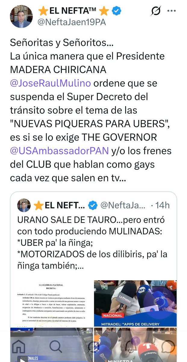 NeftaJaen19PA's tweet photo. RECULADA POR KAGADA:
*El viernes anuncian como la GRAN VAINA, que habían emitido el Decreto que regulaban los taxis de lujo UBER 🫣
*Salen en conferencia, CONSPICUAS PERSONALIDADES DEL EJECUTIVO, explicando y defendiendo, LO INDEFENDIBLE🫣
*El sabadito tempranito, MADERA CHIRICANA, avisa que iba a revisá la 'aina "poke no quiere jodé a nadie"🫣
*Todos los amiguitos del CLUB que hablan como gays finos en la tv, opinaaaaroooonnnn que el uber "works okkk"😍
*Hoy, el Presidente @JoseRaulMulino no le quedó otra que derogar y anunciar que una alta comisión de no sé qué, con no sé quién y que 90 días pa' no sé qué!😓
R E C U L A D A POR KAGADA!