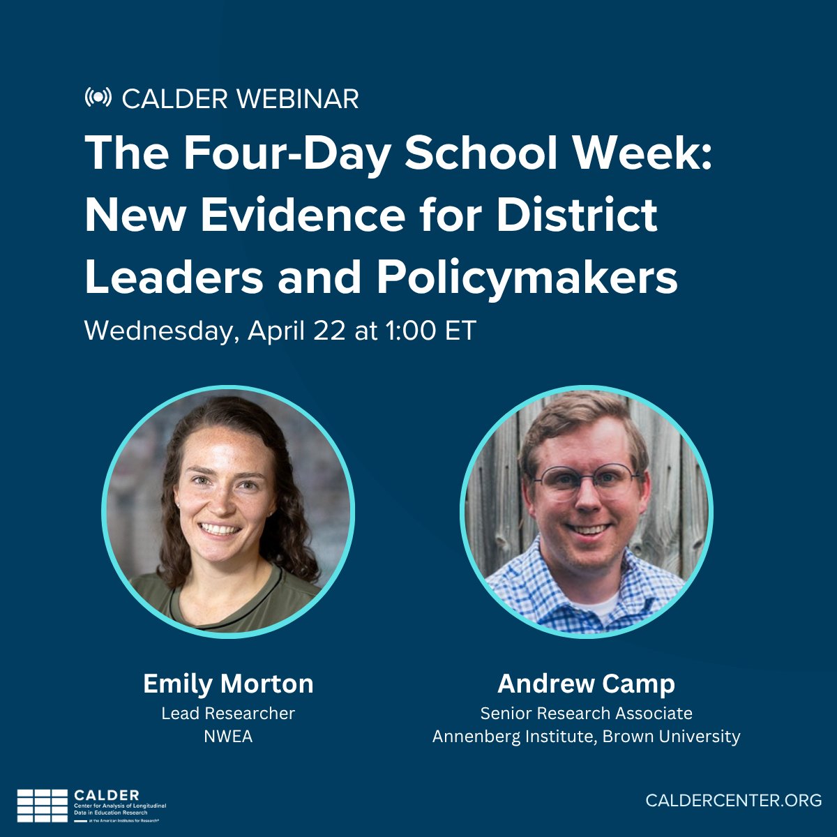 caldercenter's tweet photo. 📢 Just TWO days away!

Join @emily_r_morton  and @andrewcamp_ this Wednesday, April 22 @ 1 PM ET for a webinar exploring the latest research on four‑day school weeks—what the evidence shows and how it can inform district decision‑making.

Register ➡️ https://t.co/qvFpQtN38I https://t.co/Q74oW2Rsdi
