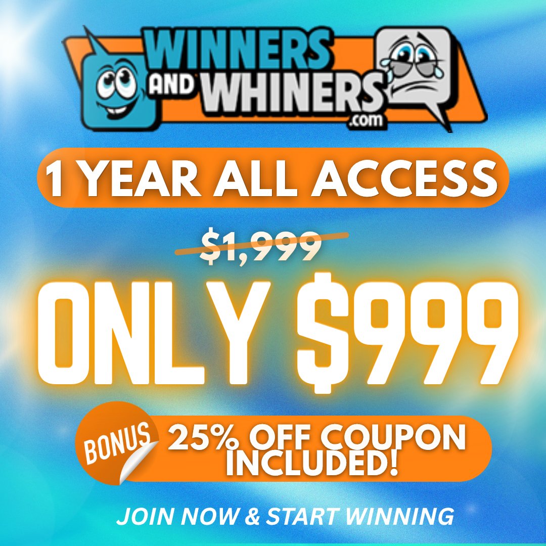 WinnersWhiners's tweet photo. 🤑 For a limited time take $1,000 OFF a 1-Year All-Access Pass at Winners and Whiners! Use the link below to access this special and when you purchase, you'll ALSO receive a BONUS 25% OFF coupon! Don't miss out 💰
🔗 https://t.co/xxJaww1aSw https://t.co/ujeiWQhLDU
