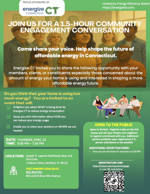 CTRFACTOR's tweet photo. https://t.co/m42AjaANMj Hartford residents: join us Wednesday, April 23 for a community conversation on home energy costs, comfort, and local resources.
📍 Hartford Boys & Girls Club, 1 Nahum Drive, Hartford, CT 06112 
🕕 6:00–7:30 PM
Free to attend. Walk-ins welcome.
Bring a neighbor. #HartfordCT #EnergyEquity #CommunityEngagement
