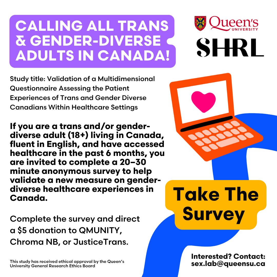 XtraPartner's tweet photo. Take The survey and help shape more inclusive healthcare better for trans and gender-diverse people in Canada.
If you’re a trans or gender-diverse adult in Canada, take 20–30 minutes to share your healthcare experiences! #ad https://t.co/9x35GCH1Bu https://t.co/xoizXCm4xB