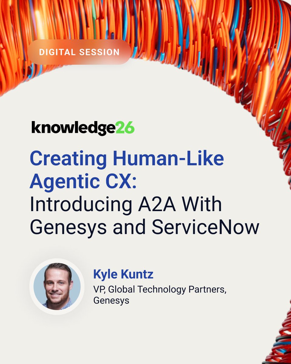 Excited to see what Genesys + ServiceNow are bringing to #Knowledge2026👀

We’re giving an early look at agent-to-agent (A2A) CX — where AI agents collaborate in real time to deliver more seamless, human experiences.

Check out the preview session: knowledge.servicenow.com/flow/serviceno…