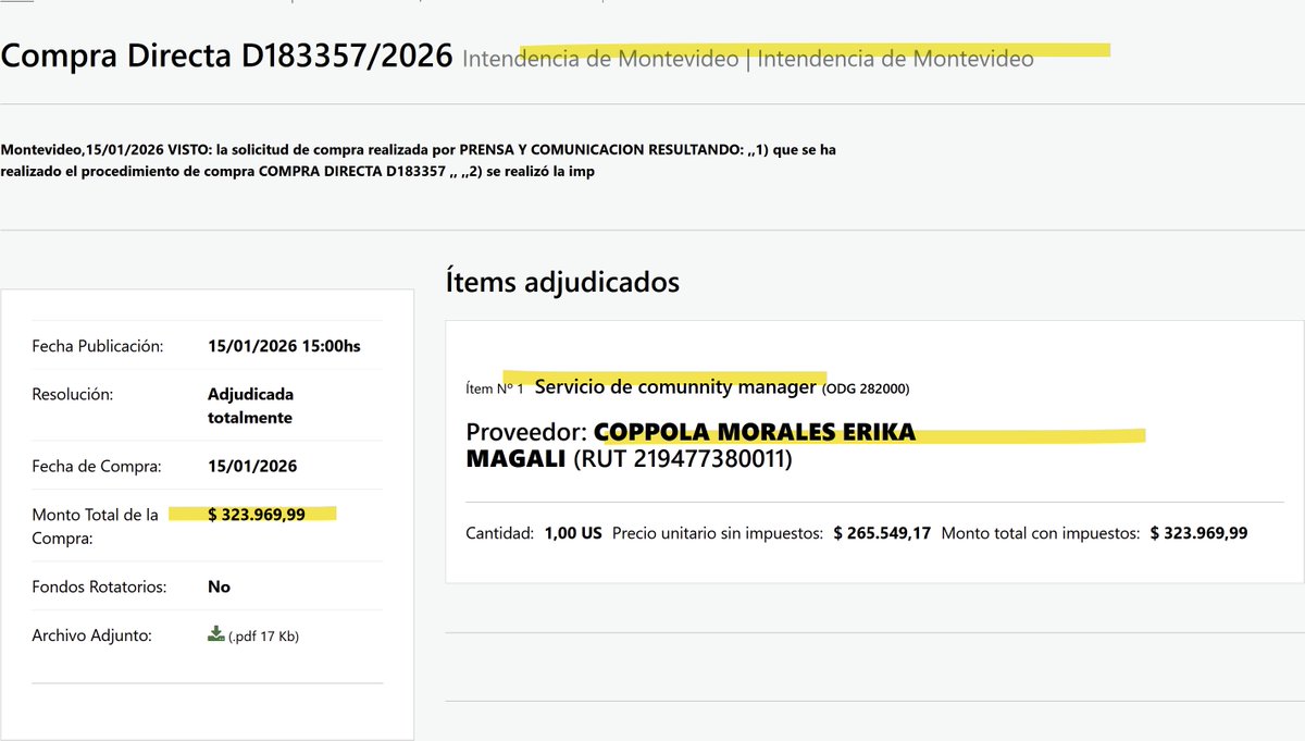 COMMUNITY MANAGER : Los montevideanos pagaron a ERIKA MAGALI COPPOLA MORALES en lo que va de 2026 $332.490 por SERVICIOS DE COMMUNITY MANAGER para la Intendencia de Montevideo.

🎯2026  $332.490
🎯2025  $651.283
🎯2024 $ 1.192.412
🎯2023 $301.950