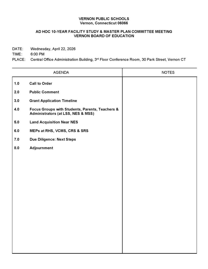 The Board of Education Ad Hoc 10-Year Facility Study &amp; Master Plan Committee will meet on Wednesday, April 22, 2026.