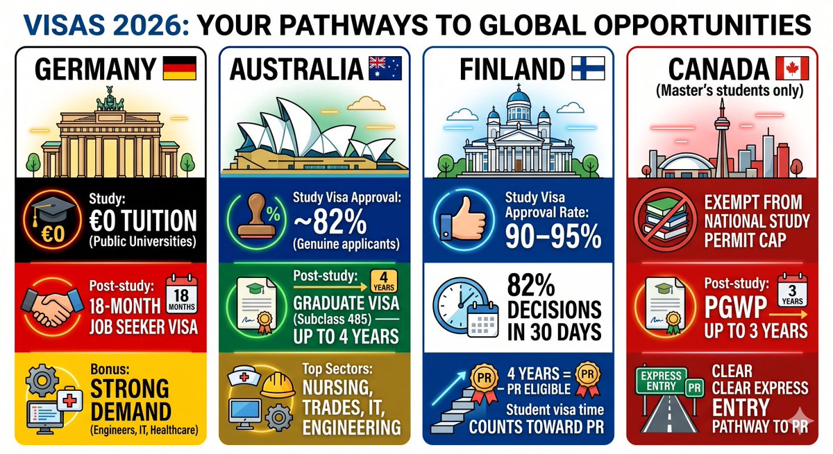 PiOverseas's tweet image. US F-1 refusals hit a decade high. 
Canada cut study permits by 35%.  
Students are switching: 
🇩🇪 Germany — €0 tuition + 18-month job seeker visa 🇫🇮 Finland — 95% approval, counts toward PR 
🇦🇺 Australia — strong post-study work visa up to 4 yrs    

#StudyVisa #StudyAbroad