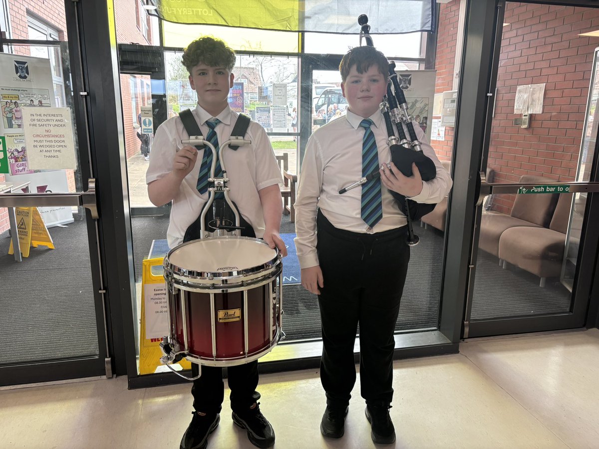 MusicCalderhead's tweet photo. A huge thank you and well done to Fraser (S1) and Logan (S2) for playing out our S6 pupils on their last day. You were fab! Thanks again 🎶🥁🎶🥁👏🏻👏🏻 @CalderheadHS https://t.co/aS8eeoJoP6