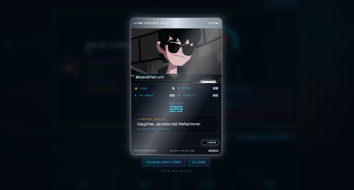 itharunhere's tweet photo. Guys check this out!

Found an underrated website similar to GitCity.

Download your GitDNA card now on https://t.co/v981cZKBoh https://t.co/FXc4AyCxzU