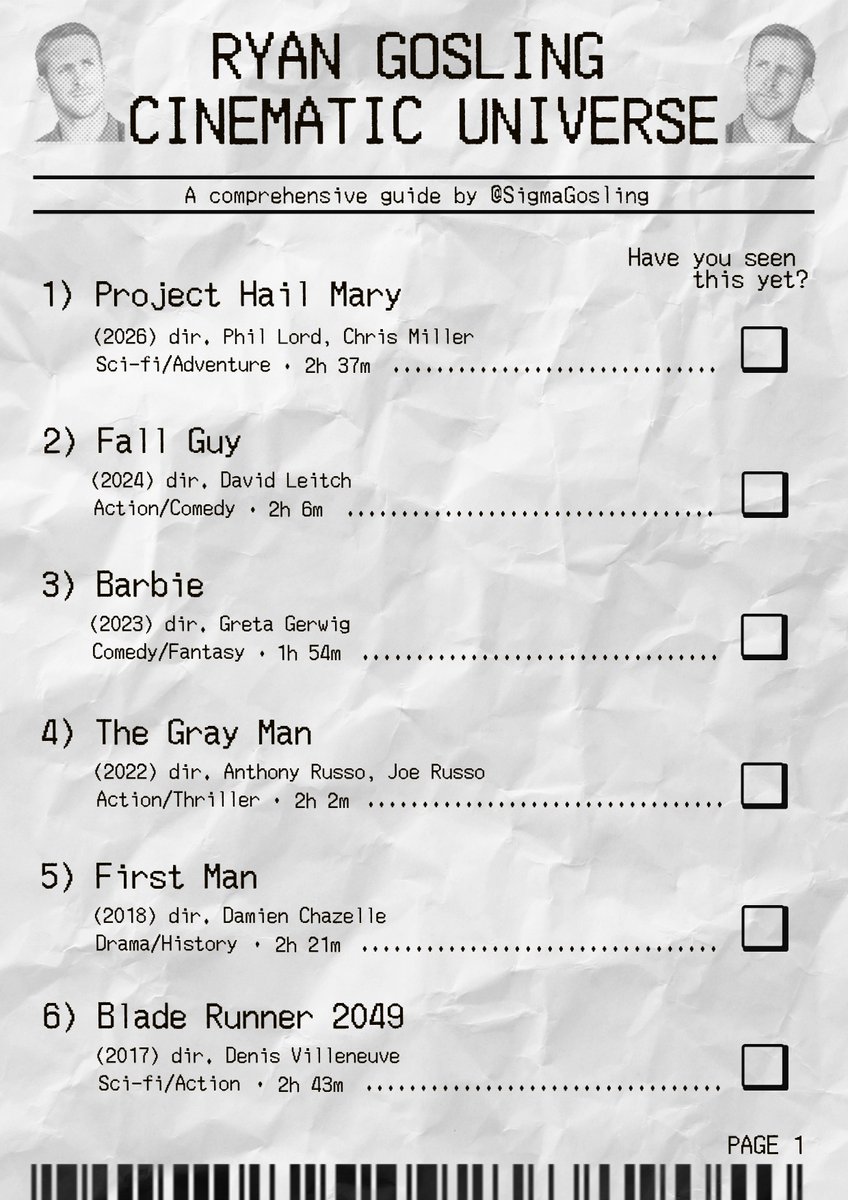 As promised, here is a 5-page list of all films under the RCU (Ryan Gosling Cinematic Universe) 

You can find the rest of the pages in the replies 📥
