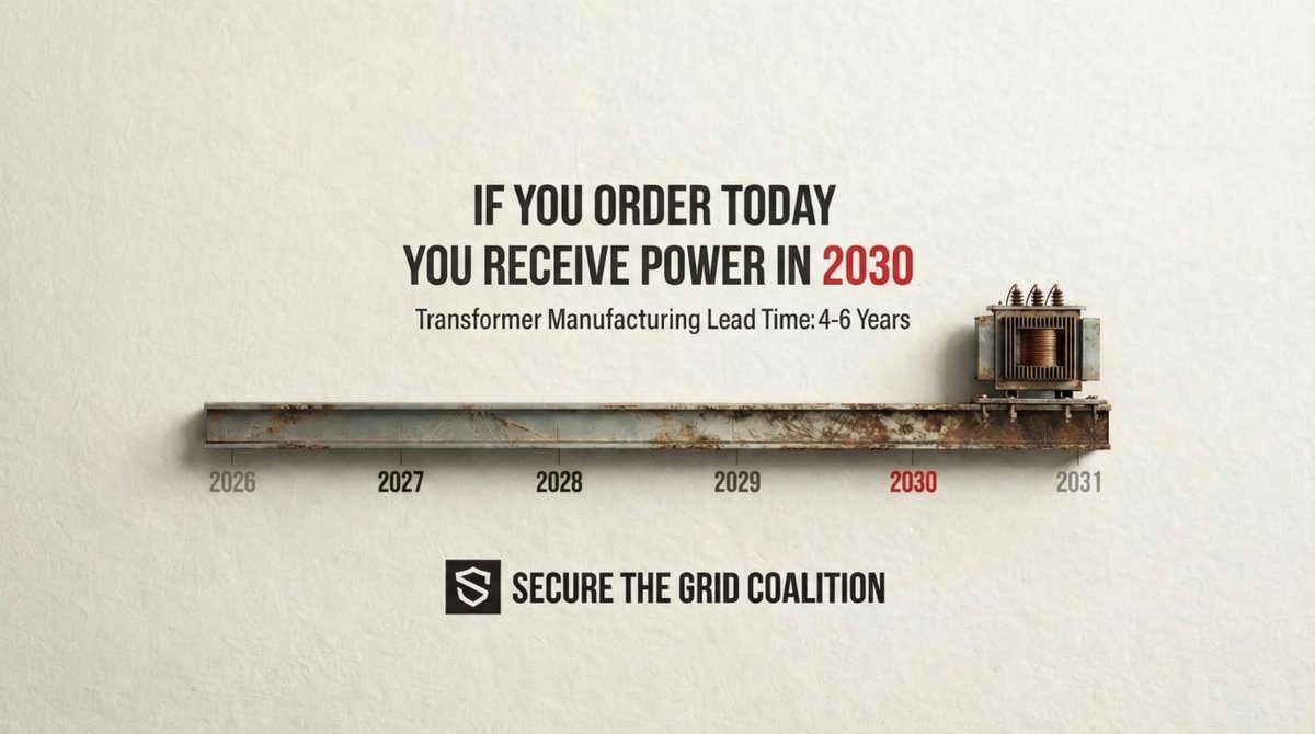 If we order a transformer TODAY, you get power in 2030.

4–6 year manufacturing lead times could cripple America after a substantial grid collapse.

This isn’t a supply chain issue, it’s a national security crisis.

The Secure the Grid Coalition is fighting to fix it.

Secure the