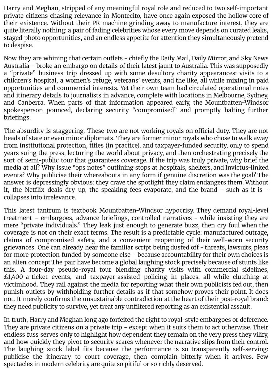 ImpartialEyes's tweet image. #DumbHarry &amp;amp; #CarParKKKle are private citizens on a private trip - except when it suits them to act otherwise. Their endless fuss serves only to highlight how dependent they remain on the very press they vilify &amp;amp; how quickly they pivot to security scares
#UnSussexful