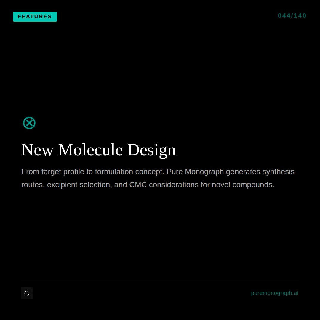 PureMonograph's tweet image. New molecule? No problem. SMILES or name → ADMET · BCS · Formulation strategyAll from a single input. Pure Monograph. puremonograph.ai #DrugDesign #CMC