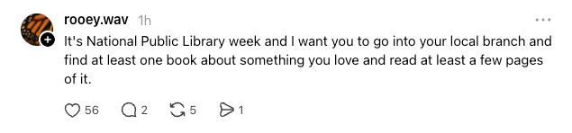 's tweet image. Do it. Do it right now!

#NationalLibraryWeek #library #libraries #librarianship #Read #Reading