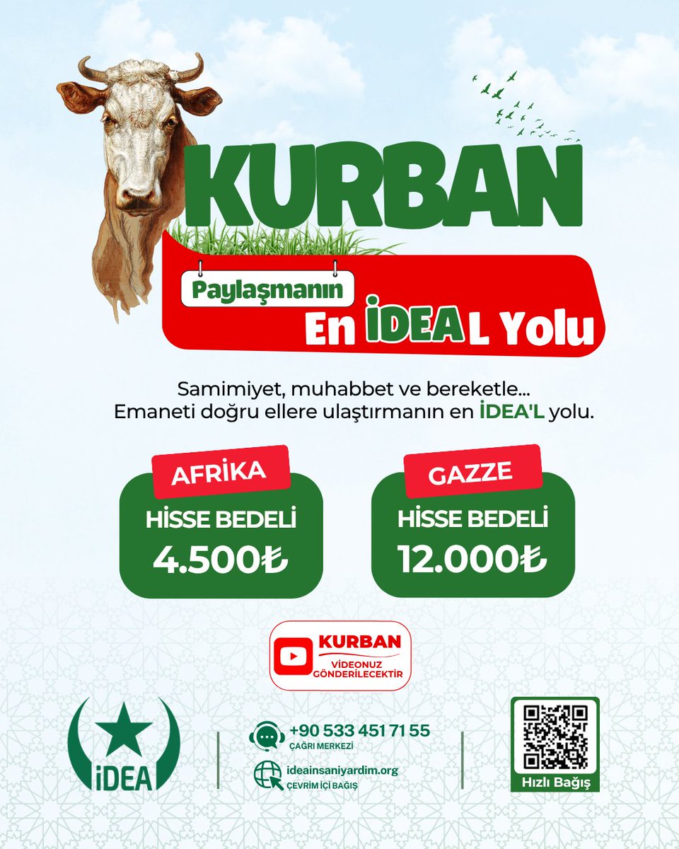 ideayardim's tweet photo. 2026 Vacip Kurban bağışlarınızı kabul etmeye başladık.
Her sene olduğu gibi bu yıl da emanetlerinizi ihtiyaç sahiplerine ulaştırmada köprü olmaya talibiz.
Kurbanlarımızı;
Gazze ve Afrika ülkelerinde, islami usullere uygun bir şekilde kesecek, videosunu ileteceğiz. https://t.co/fsa2HZci9M