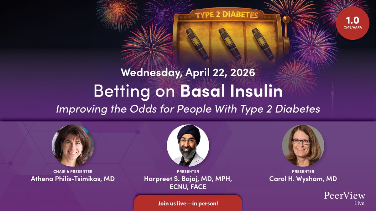 PeerView's tweet image. Remember to join us this Wednesday, April 22, at 7:00 PM PDT, for our #type2diabetes live in-person interactive event &amp;amp; symposium. Please tweet your questions in advance and follow @PeerView for more #MedEd content! 🔗 bit.ly/T2DVegas26-T #AACE2026