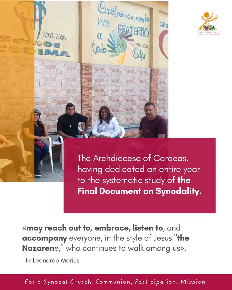 Synod_va's tweet image. Key #Synodal Inspirations from the Caracas Archdiocese: A #journey towards becoming a more inclusive, missionary, and co-responsible Church after a year dedicated to studying the Synod on Synodality’s Final Document.

🔗 Read more:
synodresources.org/resources/cara…

#synodalchurch