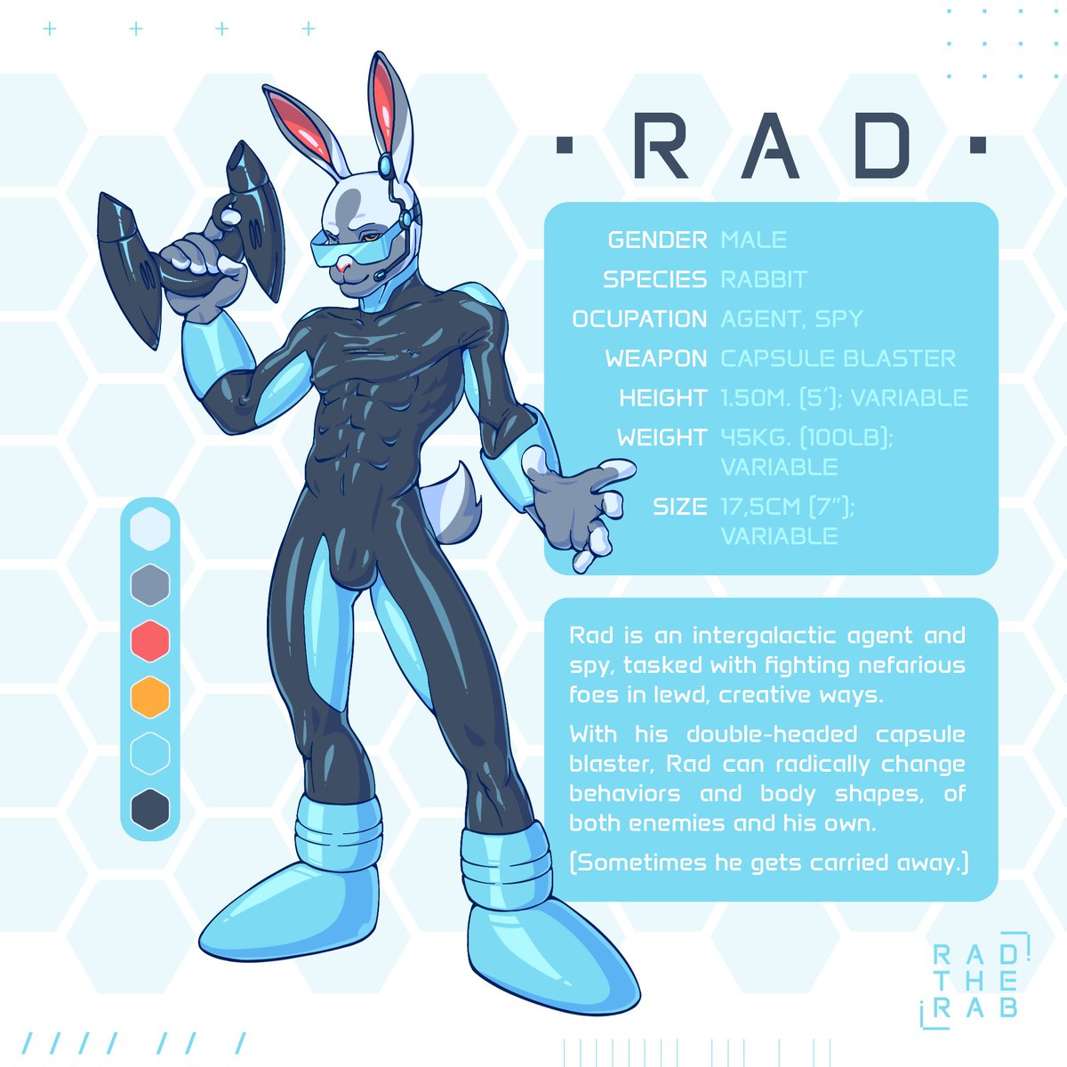 rad_the_rab's tweet photo. Here is my OC Rad. He's an intergalactic agent that fights evil with the  power of... lust! Soon I'll be posting mini-comics that explain the use  of his capsule blaster in a better way.
I'll be posting a nude version in a few days.
#furry #otter #latex https://t.co/Q81TycC5SH