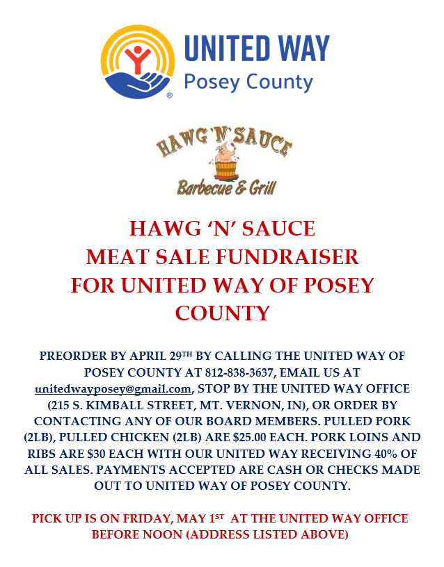 UnitedWay_PC's tweet photo. United Way of Posey County is selling Hawg N’ Sauce goodies for a fundraiser. Pick-up date &amp; time is Friday, May 1st from 8:30-noon at the United Way office. We get 40% back so help us and enjoy some great food at the same time. Let us know your selection soon by https://t.co/wRwUCExbbO