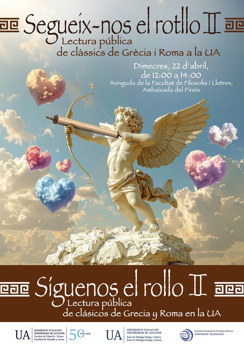 Amb motiu del Dia del Llibre, els meus millorsamics i jo organitzem el recital «Segueix-nos el rotllo II: lectura pública de clàssics...», enguany monogràfic eròtic grecollatí. Quines ganes de celebrar les Humanitats, la primavera i l’amor a la <a href="/UA_Universitat/">Universitat Alacant</a>! Ens hi veiem! 🩷🌼