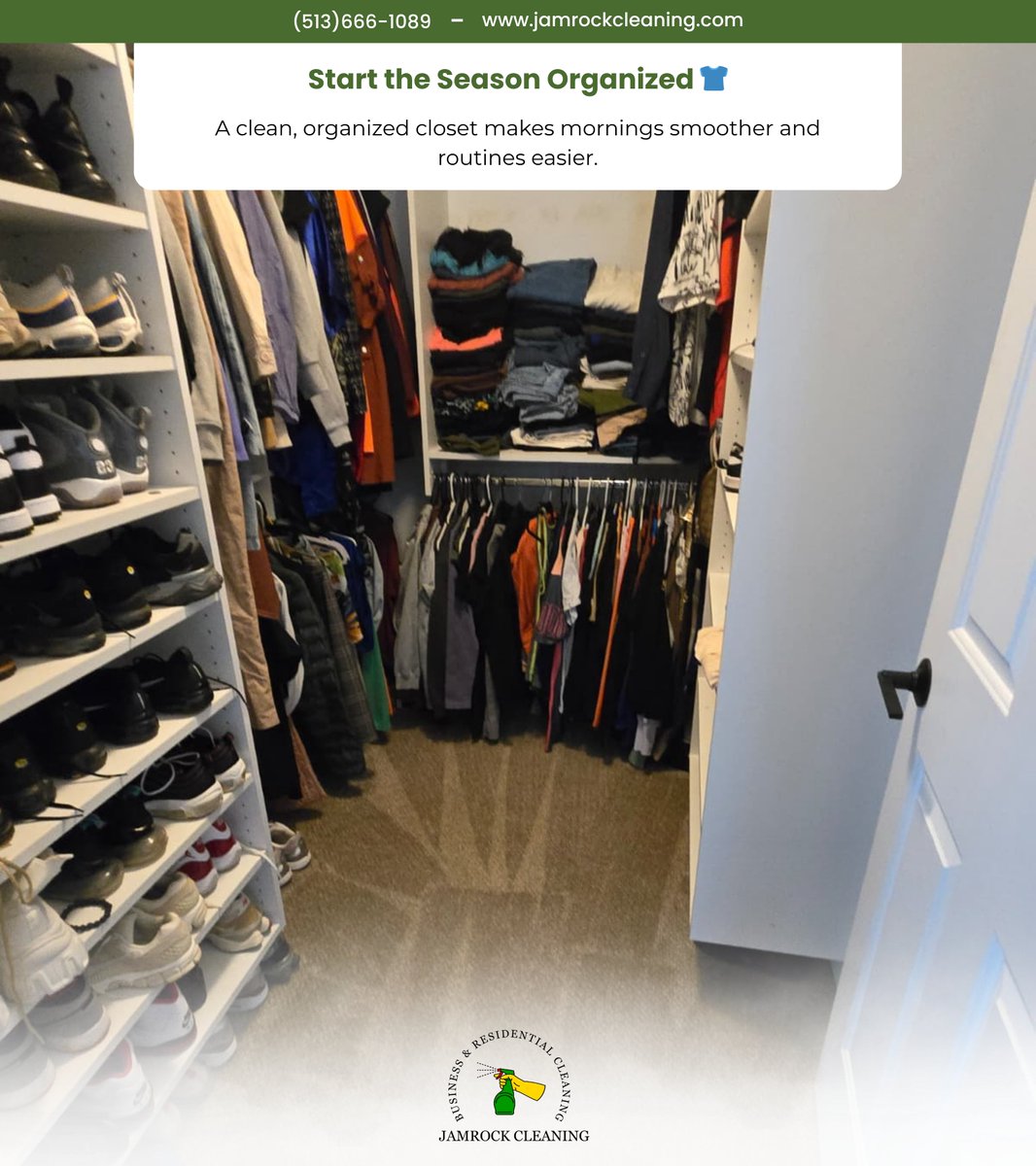JamrockCleaning's tweet image. A clean, organized closet isn’t just about looks; it’s about peace, clarity, and showing up as your best self every day 🌿
Jamrock Cleaning 
(513) 666 - 1089 | jamrockcleaning.com
 #springcleaning #housecleaning #cleaningservice #deepcleaning  #residentialcleaning #cinohio