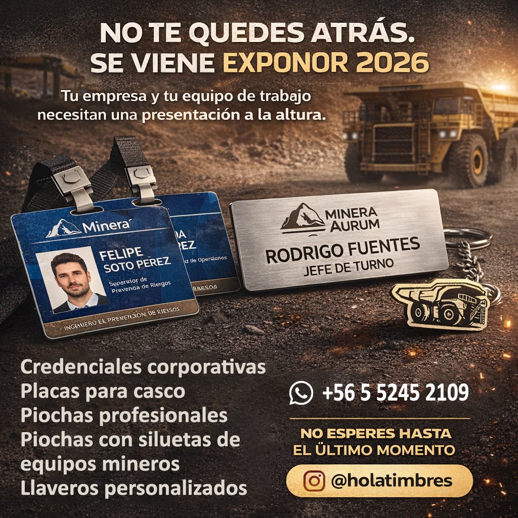 Se acerca Exponor 2026 y es el momento de asegurar todo para tu equipo: credenciales, piochas corporativas, placas para casco, timbres personalizados y llaveros mineros; destaca tu marca en la feria minera más grande de Chile y no lo dejes para el último momento

IG: <a href="/holatimbres/">Hola! Timbres</a>