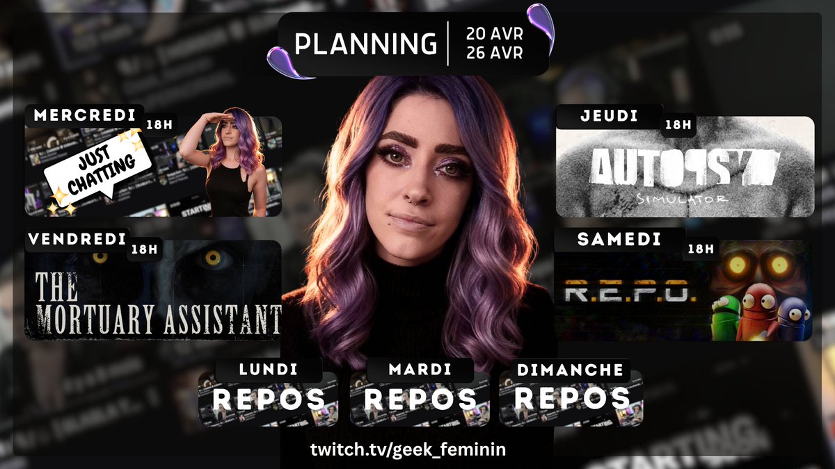 GFeminin's tweet image. 📅 𝗣𝗟𝗔𝗡𝗡𝗜𝗡𝗚 @Twitch  ⟡ 20 avril ⎽ 26 avril

⋮ Click here ! ⤵︎ 
⟡ TWITCH : twitch.tv/geek_feminin
⟡ DISCORD : discord.gg/geekfeminin

⋮ Social media ⤵︎ 
⟡ beaconsai.com/geek_feminin

── #twitchfr #TwitchStreamers #twitch #streamergirl #twitchaffiliate