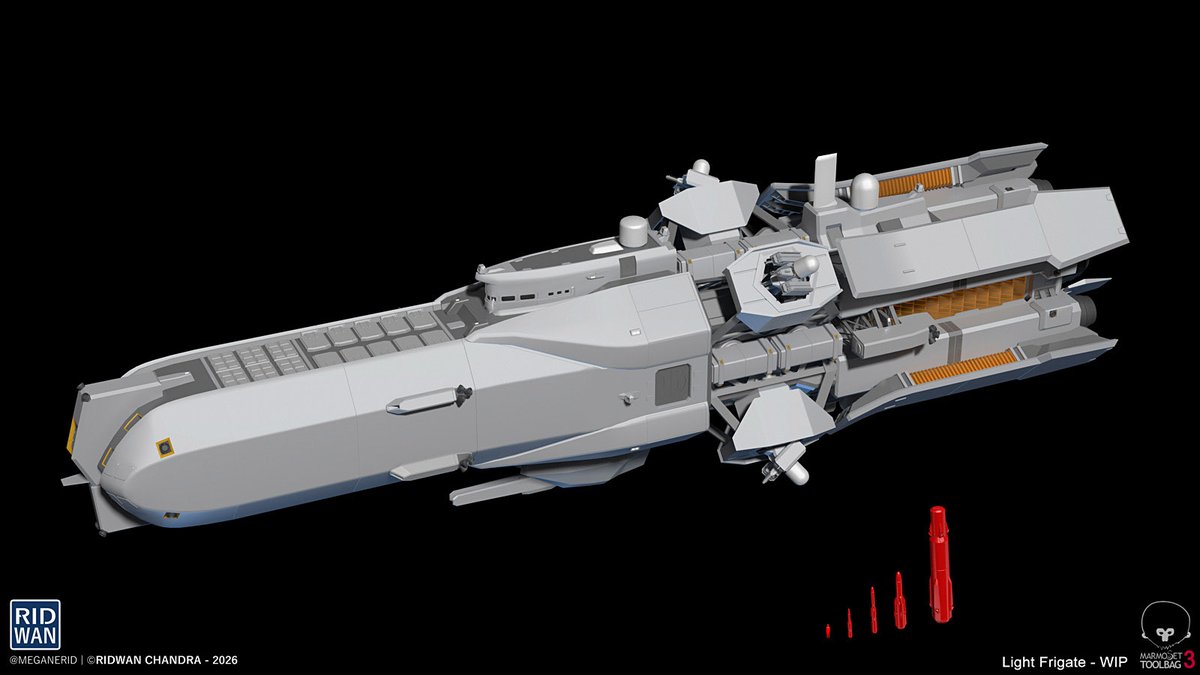 meganerid's tweet image. Hey some new (kinda old) 3D! 😆
Of my space corvette (or Light Frigate), I modified a few things from the 2D version. Still WIP but almost there I think! :d 
#3dart #scifi