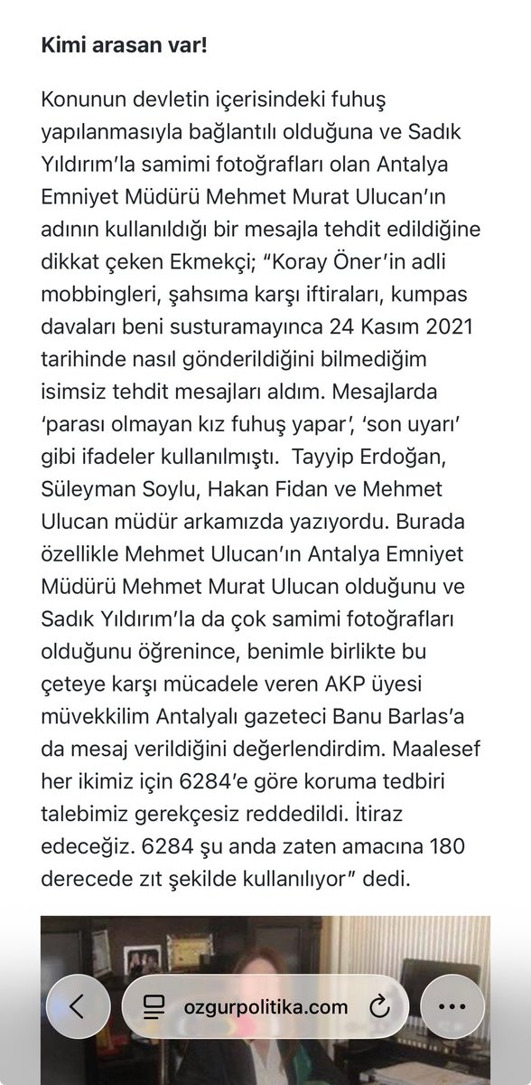 ekmekci_dr's tweet photo. Gülistan Doku dosyasında Zeinal Abakarov’un üvey babası polis memuru Engin Y.’nin ifadesinde geçen “Antalya emniyet müdürünün ayarladığı otelde kalacaksınız” cümlesi‼️

Peki o dönemin Antalya İl Emniyet müdürü kimdi⁉️2018-2023 arası o koltukta oturan Mehmet Murat Ulucan👇🏿

Mehmet Murat Ulucan’ın adı kullanılarak nasıl ve ne tarz ifadelerle tehdit edildiğimizi (ben ve gazeteci arkadaşım Banu Barlas’ın @banubarlass ), 6284 sayılı kanun kapsamında tedbir taleplerimizin kabul edilmediğini, Yeni Özgür Politika’ya o dönem verdiğim “Kurtlar Vadisi Gibi” başlıklı röportajda anlatmışım‼️👇🏿 @av_cmn @DemirFerit62 @Gulcandereli1 @kepenekevrimm 

#GülistanDokuNerede
#TuncaySonelTutuklansın 
#KadınCinayetleriPolitiktir 
#KadınCinayetleriPolitiktir 
Mustafa Türkay Sonel