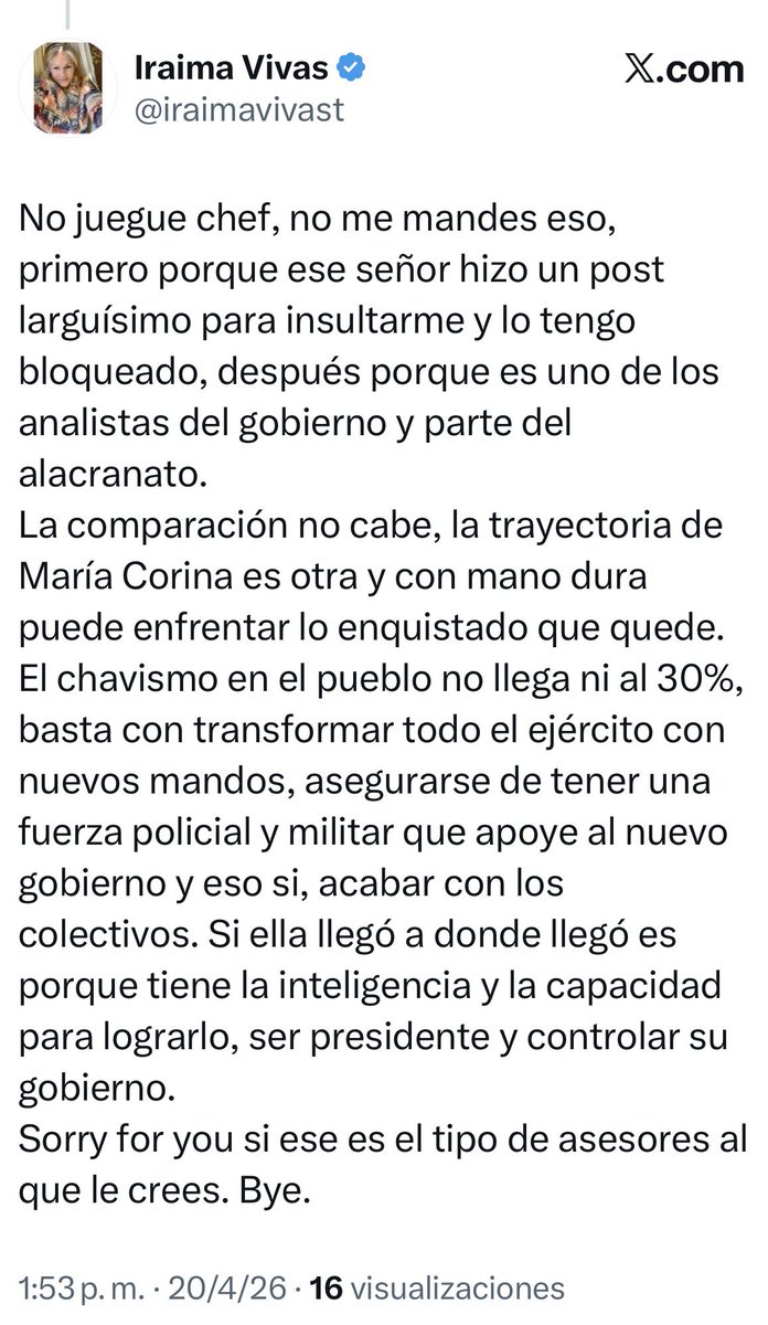 La Sra. <a href="/iraimavivast/">Iraima Vivas</a> a quien no conozco ni me conoce, me señala con total seguridad de (i) alacrán y de (ii) ser analista del “gobierno”.

Nada de esto me sorprende, pues cuando criticaba a la oposición liderada por Guaidó, por casi los mismos motivos que ahora, no solo me