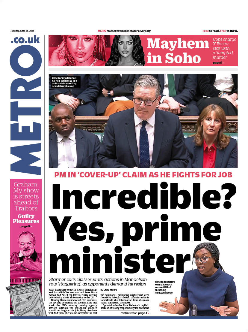 MetroUK's tweet photo. Tomorrow's Paper Today 📰

INCREDIBLE? YES, PRIME MINISTER

🔴 PM in 'cover-up' claim as he fights for job

#tomorrowspaperstoday https://t.co/4mxXwHIRYU