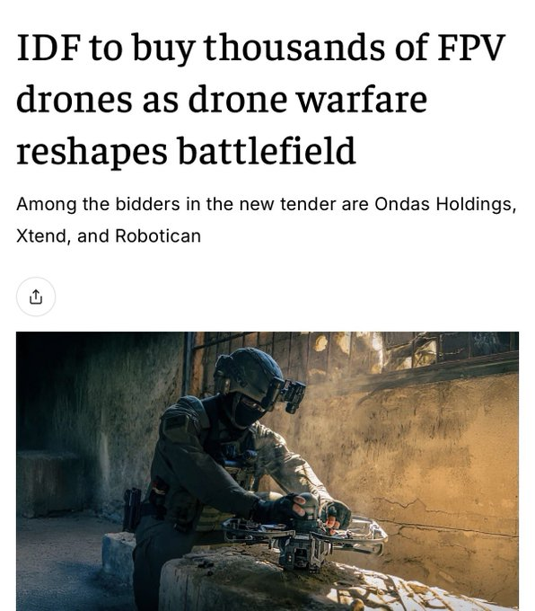 ferozwala's tweet image. The Israeli occupation is buying 12,000 #FPV combat #drones in a new tender, upgrading from a cheaper 2025 purchase of 5,000 units - #jPost  

 The new drones are far more expensive but include better features (like night capability) and stricter requirements for Israeli-made,