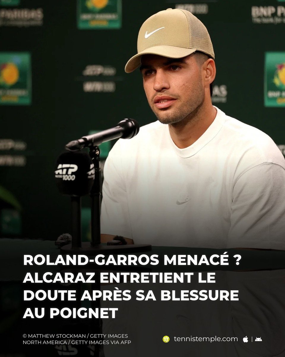 tennistemple's tweet image. Forfait à Barcelone et aperçu avec une attelle, Carlos Alcaraz n’a pas rassuré sur ses chances de disputer Roland-Garros, évoquant un prochain examen déterminant. #Alcaraz #GrandSlam #RolandGarros

🎾 w.tennistemple.com/1xQvK