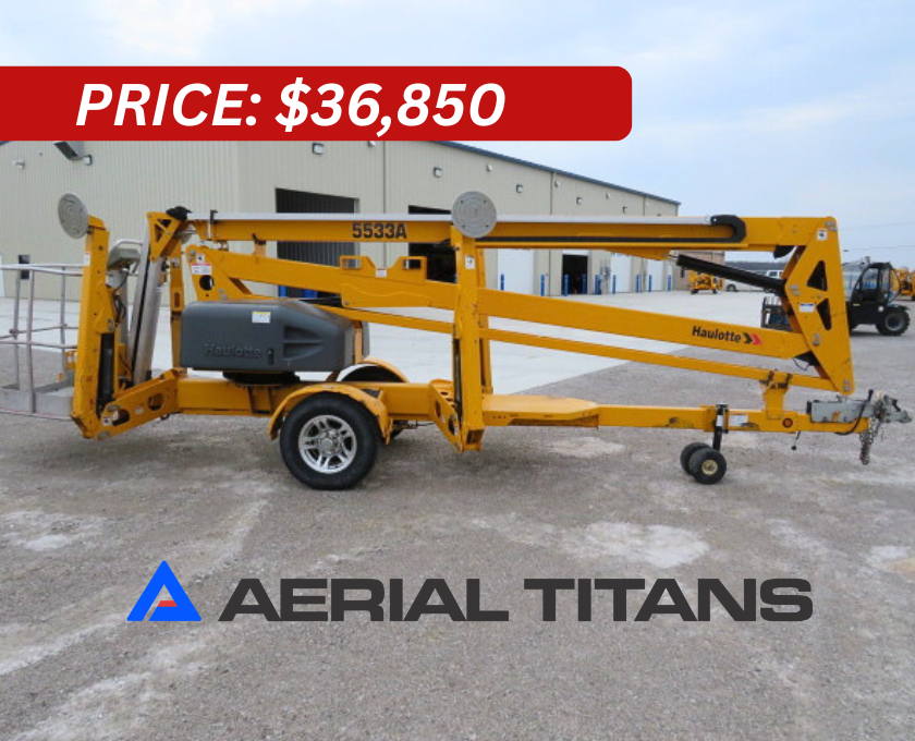 Aerial_Titans's tweet photo. 🚧 AVAILABLE NOW: 2022 HAULOTTE
5533A Towable Boom Lift 🚧

55' Platform Height • 61' Work Height • 33' Horizontal
Reach

Looking for a towable solution that delivers serious
reach and versatility? This 5533A is built for crews that
need quick setup, reliable performance, and jobsite
flexibility.

✔ Only 401 Hours
✔ DC Electric Motor (NEW Batteries Installed 11/2025)
✔ Auto-Leveling Hydraulic Outriggers/Stabilizers
✔ Power to Platform
✔ JIB for Added Reach
✔ 4' Platform
✔ Lightweight Design (4,790 lbs) – Easy to Tow
✔ Fenders Included

💲 $36,850 FOB Toledo, OH
🚚 Nationwide Shipping Available
💰 Financing Available

📞 Contact our sales team at (866) 874-0584
🌐 https://t.co/qA86Mb3hJ9

Smart Systems. Human Service. Real Machines. Coast
to Coast.

#AerialTitans #BoomLift #TowableBoom #Haulotte
#BilJax #EquipmentForSale #ConstructionEquipment
#LiftEquipment #ContractorLife #JobsiteReady
#WorkAtHeight #FleetUpgrade #UsedEquipment
#EquipmentDeals