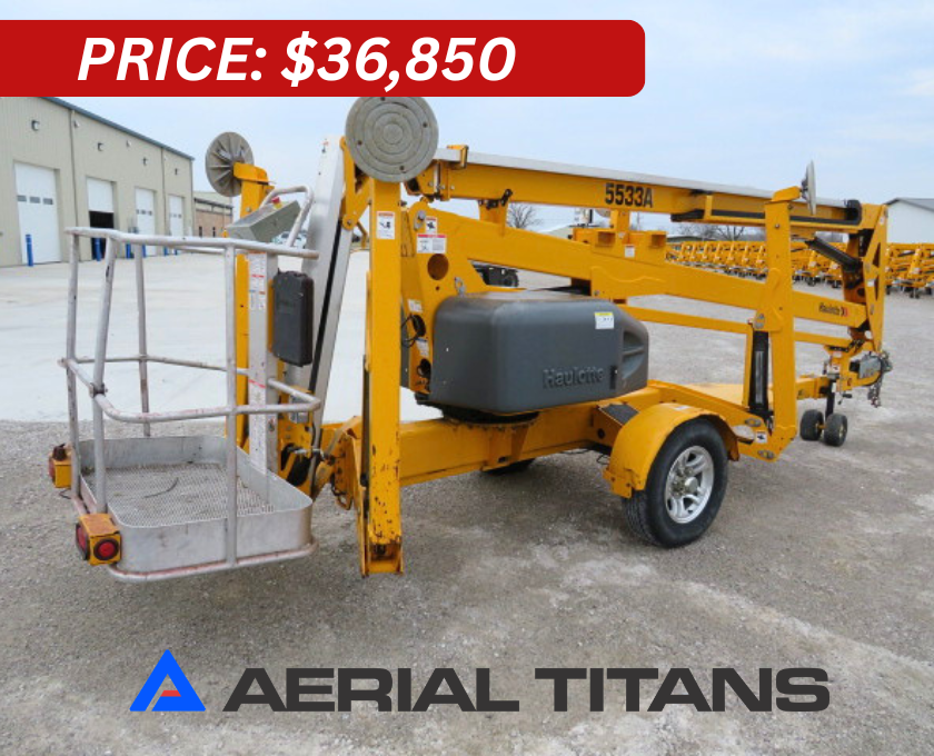 Aerial_Titans's tweet photo. 🚧 AVAILABLE NOW: 2022 HAULOTTE
5533A Towable Boom Lift 🚧

55' Platform Height • 61' Work Height • 33' Horizontal
Reach

Looking for a towable solution that delivers serious
reach and versatility? This 5533A is built for crews that
need quick setup, reliable performance, and jobsite
flexibility.

✔ Only 401 Hours
✔ DC Electric Motor (NEW Batteries Installed 11/2025)
✔ Auto-Leveling Hydraulic Outriggers/Stabilizers
✔ Power to Platform
✔ JIB for Added Reach
✔ 4' Platform
✔ Lightweight Design (4,790 lbs) – Easy to Tow
✔ Fenders Included

💲 $36,850 FOB Toledo, OH
🚚 Nationwide Shipping Available
💰 Financing Available

📞 Contact our sales team at (866) 874-0584
🌐 https://t.co/qA86Mb3hJ9

Smart Systems. Human Service. Real Machines. Coast
to Coast.

#AerialTitans #BoomLift #TowableBoom #Haulotte
#BilJax #EquipmentForSale #ConstructionEquipment
#LiftEquipment #ContractorLife #JobsiteReady
#WorkAtHeight #FleetUpgrade #UsedEquipment
#EquipmentDeals