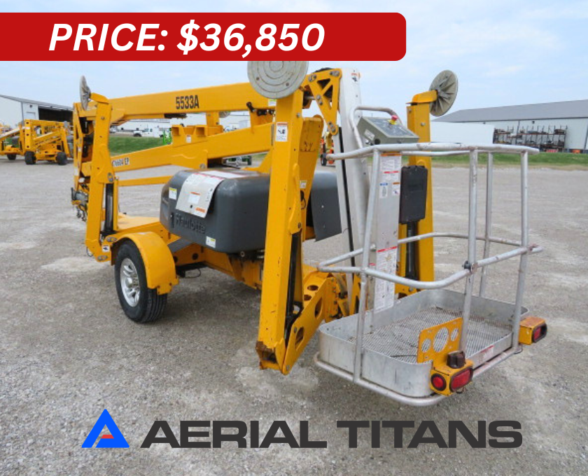 Aerial_Titans's tweet photo. 🚧 AVAILABLE NOW: 2022 HAULOTTE
5533A Towable Boom Lift 🚧

55' Platform Height • 61' Work Height • 33' Horizontal
Reach

Looking for a towable solution that delivers serious
reach and versatility? This 5533A is built for crews that
need quick setup, reliable performance, and jobsite
flexibility.

✔ Only 401 Hours
✔ DC Electric Motor (NEW Batteries Installed 11/2025)
✔ Auto-Leveling Hydraulic Outriggers/Stabilizers
✔ Power to Platform
✔ JIB for Added Reach
✔ 4' Platform
✔ Lightweight Design (4,790 lbs) – Easy to Tow
✔ Fenders Included

💲 $36,850 FOB Toledo, OH
🚚 Nationwide Shipping Available
💰 Financing Available

📞 Contact our sales team at (866) 874-0584
🌐 https://t.co/qA86Mb3hJ9

Smart Systems. Human Service. Real Machines. Coast
to Coast.

#AerialTitans #BoomLift #TowableBoom #Haulotte
#BilJax #EquipmentForSale #ConstructionEquipment
#LiftEquipment #ContractorLife #JobsiteReady
#WorkAtHeight #FleetUpgrade #UsedEquipment
#EquipmentDeals