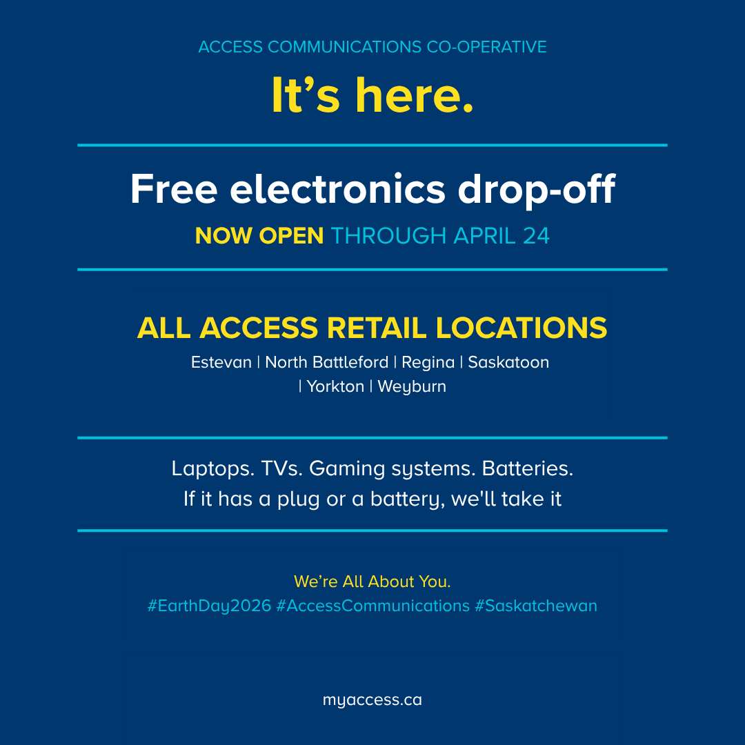 MyAccessCA's tweet image. It's here! Our free Earth Day electronics drop-off is officially open through April 24 at all Access retail locations across Saskatchewan.  If it has a plug, bring it in. We're all about you.  #EarthDay2026 #AccessCommunications #Saskatchewan