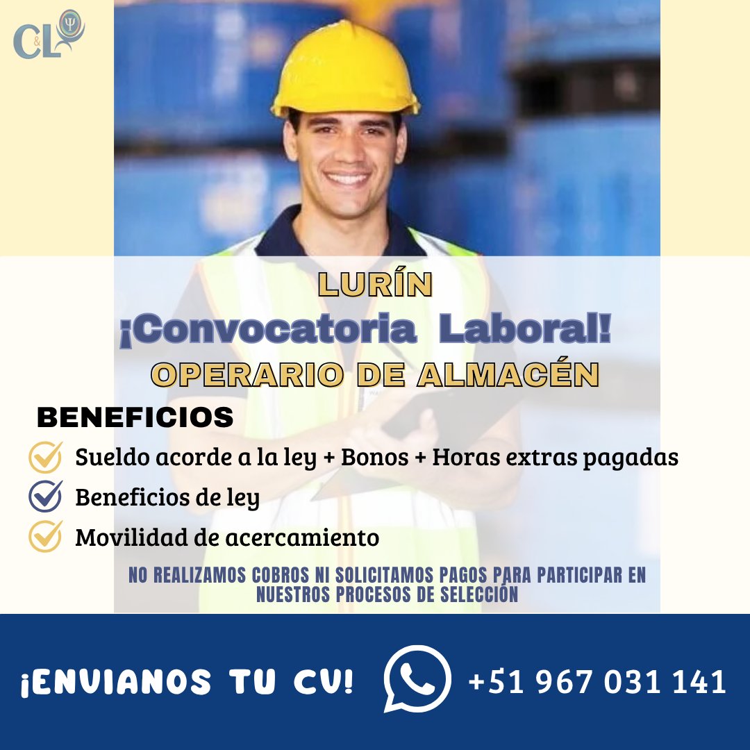 Maryfe_CyL's tweet image. 📢¡GRAN CONVOCATORIA LABORAL
¿Buscas empleo con beneficios de ley y pagos puntuales? En CyL Talento Humano iniciamos la contratación masiva para trabajar en el LURÍN ¡Postula CON O SIN EXPERIENCIA como OPERARIO DE ALMACÉN!
📲967-031-141
📝docs.google.com/.../1FAIpQLSe.…
#lurin #limaperú