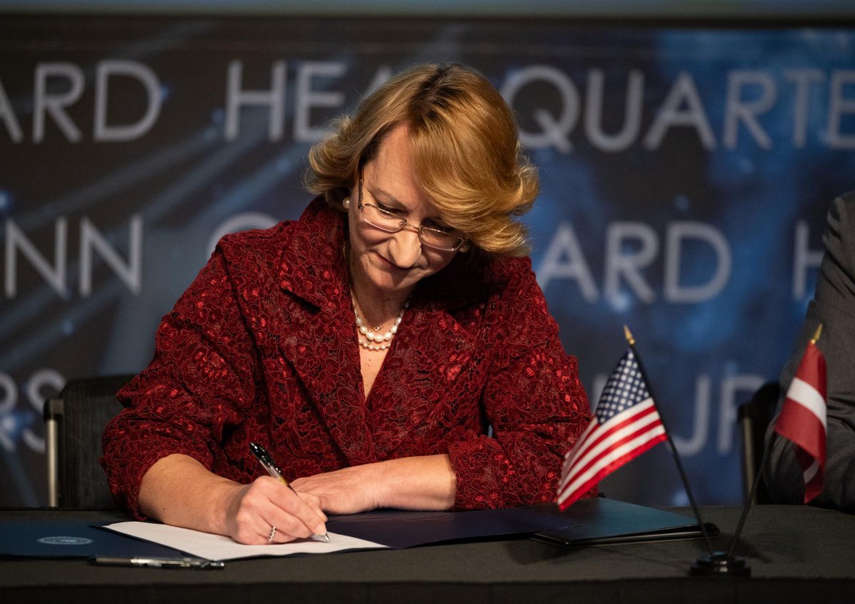 NASAAdmin's tweet photo. Latvia traveled to Washington, DC to sign the Artemis Accords, becoming the 62nd signatory, and the first of many nations to join after our @NASAMoonBase announcement. This growing coalition of like-minded nations is committed to the peaceful, transparent, and responsible exploration of space.

At a critical moment for Artemis, partnerships like this strengthen our shared vision and expand the capabilities needed to build a sustained presence on the Moon. This is how we move faster, operate more effectively, and build the future of space together.