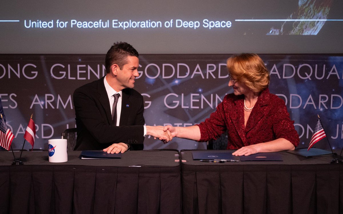 NASAAdmin's tweet photo. Latvia traveled to Washington, DC to sign the Artemis Accords, becoming the 62nd signatory, and the first of many nations to join after our @NASAMoonBase announcement. This growing coalition of like-minded nations is committed to the peaceful, transparent, and responsible exploration of space.

At a critical moment for Artemis, partnerships like this strengthen our shared vision and expand the capabilities needed to build a sustained presence on the Moon. This is how we move faster, operate more effectively, and build the future of space together.
