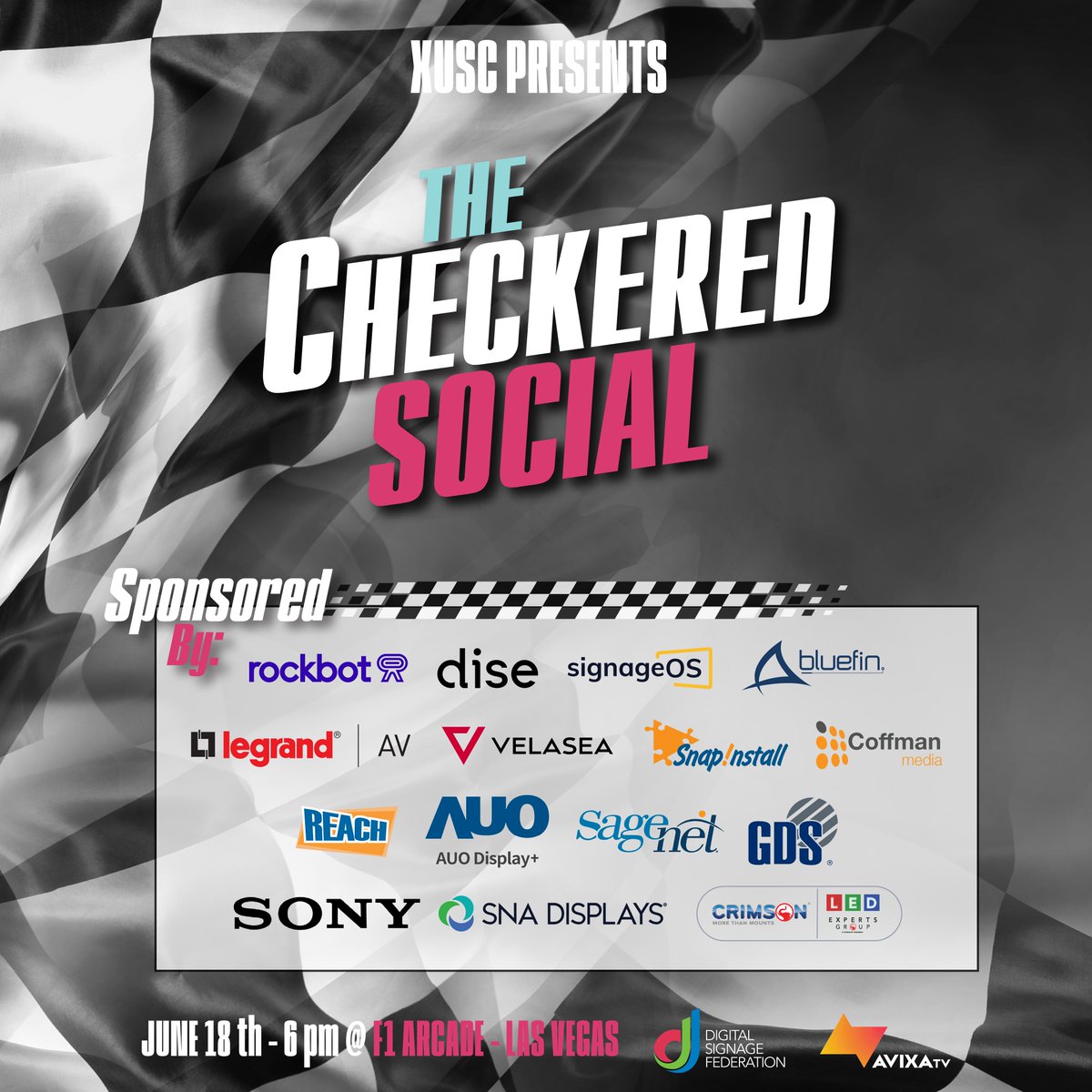 InfoComm's tweet image. The race is on to secure your spot at The Checkered Social at #InfoComm, hosted by @XUSocialClub! Join the #proAV, #design, and #digitalsignage communities for a night of racing simulators and turbocharged networking. Tickets go live tomorrow at 1PM ET: icshow.me/XUSCTX